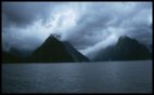 Mitre Peak under heavy rain clouds